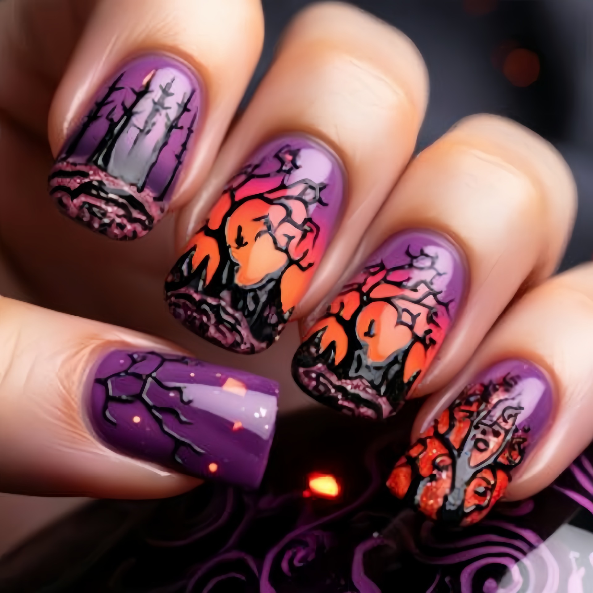 Nail Art Orange - Faux ongles carrés de taille moyenne