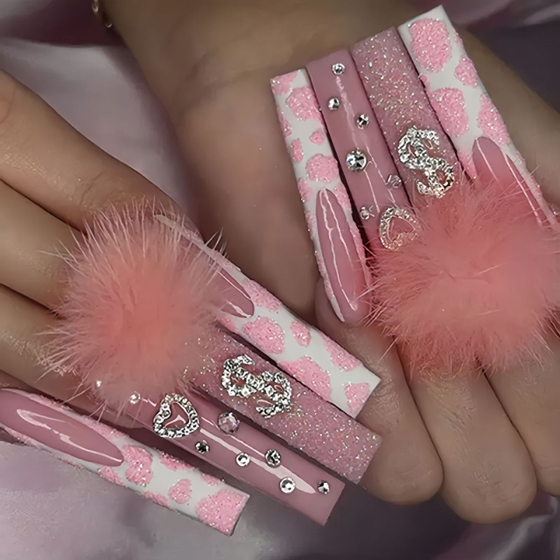 Nail Art Pink - Faux-ongles à pression carrés extra longs,